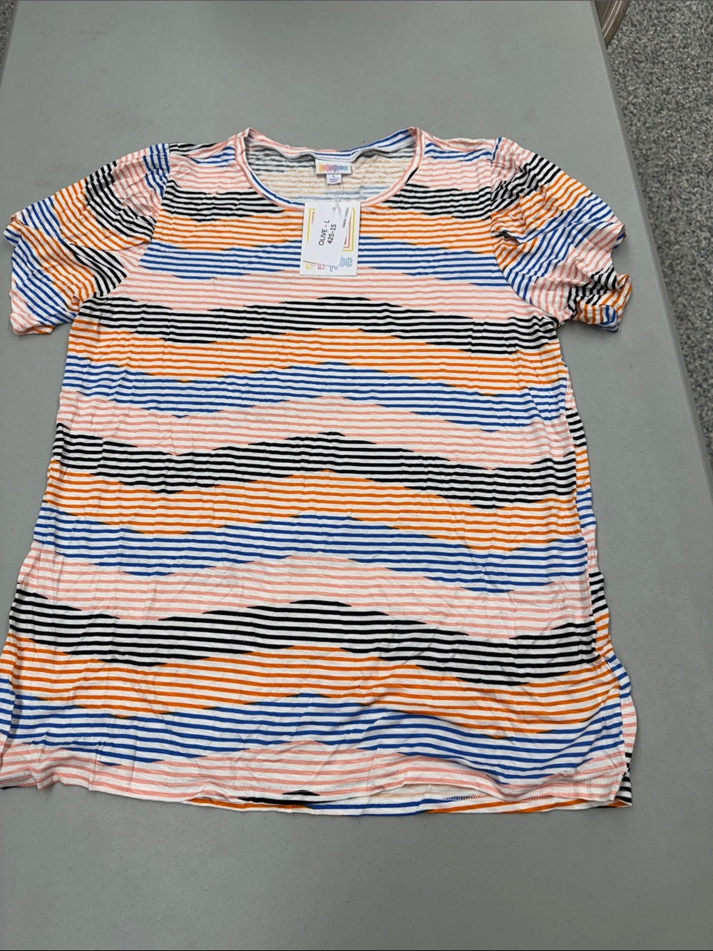 LuLaRoe Women's Olive Short Sleeve Tee — Peach Blue, Orange, Black Stripes